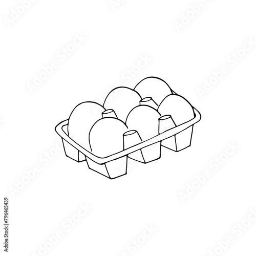 Chicken eggs in a carton pack. Eggs in an opened box. Hand-drawn vector illustration of an egg container  Isolated on a white background.