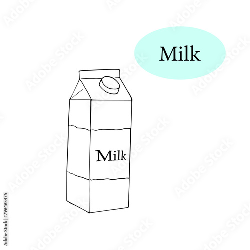 Hand-drawn Milk carton icon. Dairy product packaging illustration. Vector outline milk carton icon. Isolated on white background.