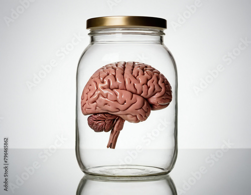 Human Brain Inside The Glass Jar, Isolated On White Background, Ai Illustration