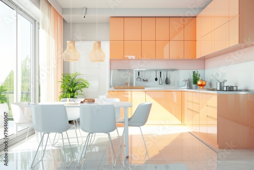 Modern Minimalist Kitchen Interior with Bright Orange Cabinets and Sleek Design