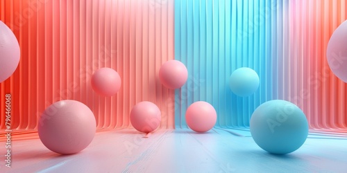 A colorful room with pink and blue balls scattered around