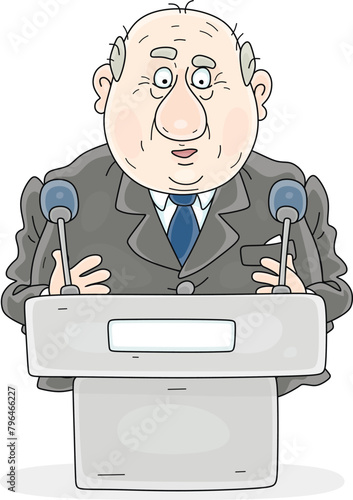 Funny official taking his very important speech in a stand with microphones at a meeting or press conference, vector cartoon illustration on a white background