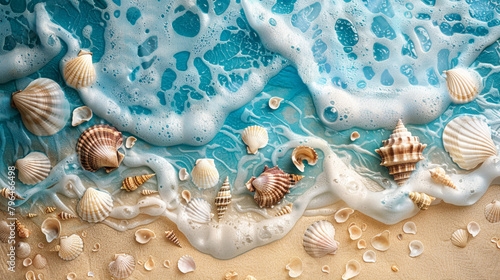 Ocean blues meet sandy beige with seashells and waves.