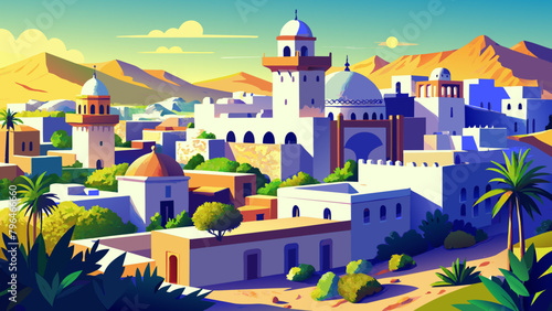 Old Arabic town, GRASSY LAND FULL. Vintage color Palette An old Arab town in a green plain.Antique landscape: clay houses on a background of grass.A journey into the past: an authentic Arab city  © Алишер