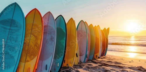 Many surfboards aligned on the beach with sunset in background