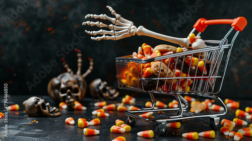 Shopping cart with tasty candy corns skeleton hand 