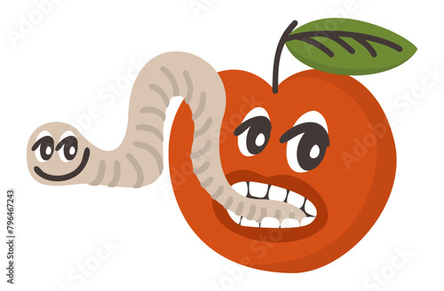 Red apple with worm in mouth. Retro cartoon groovy  style. Vector isolated illustration.