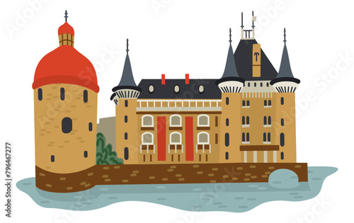 Chateau de la Clayette in Burgundy, France. Vector isolated illustration.