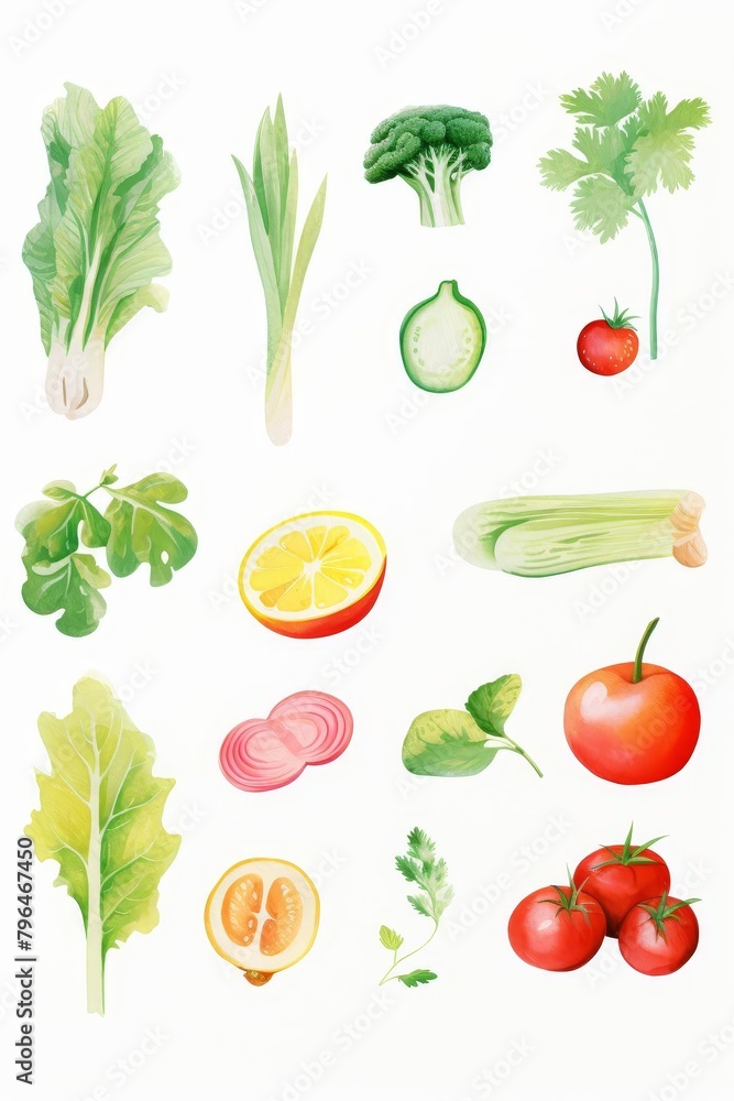 A variety of watercolor vegetables and fruits. A variety of watercolor vegetables and fruits.
