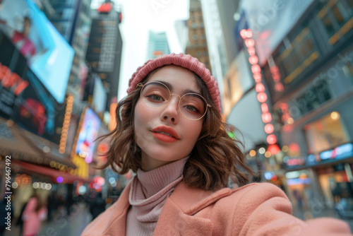 A young woman in modern attire, taking a selfie in a cityscape