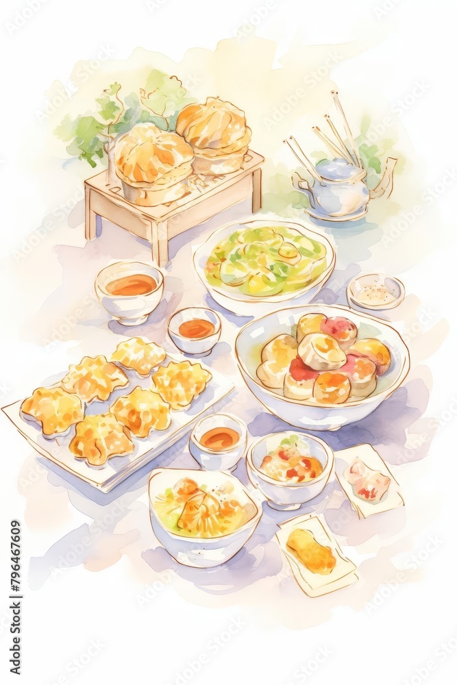 A watercolor painting of a dim sum brunch with various dishes and tea. A watercolor painting of a dim sum brunch with various dishes and tea.
