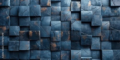 A blue wall made of square blocks with a brownish tint