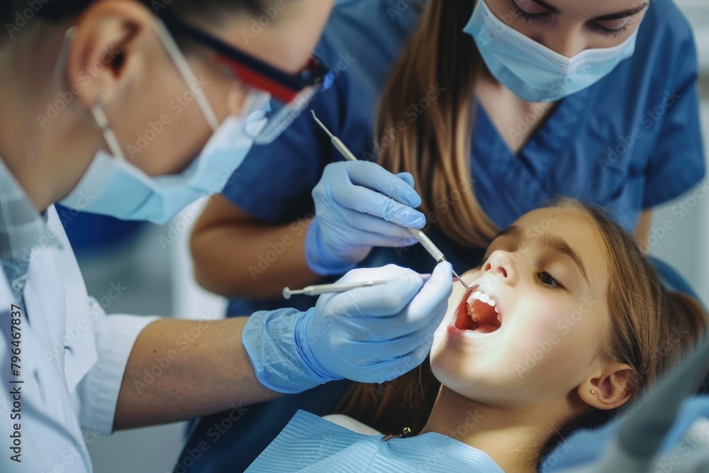 Dentist examining a little girl's teeth in a dental clinic,. Dentist examining a little girl's teeth in a dental clinic,.