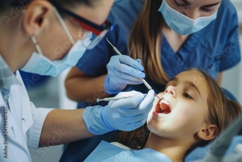Dentist examining a little girl s teeth in a dental clinic .