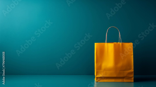 A vibrant yellow paper bag contrasts beautifully against a blue background, minimalist and stylish. AI generative.