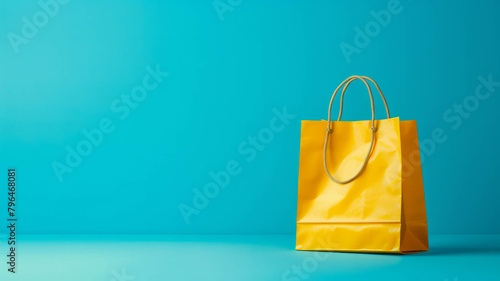 Explore the simplicity of design with a yellow paper bag on a blue background, eco-friendly and modern. AI generative.