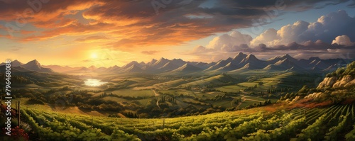 A beautiful landscape of a valley with a river, mountains and a sunset. photo