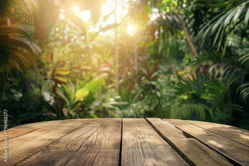 Wooden table top on blurred background of tropical garden