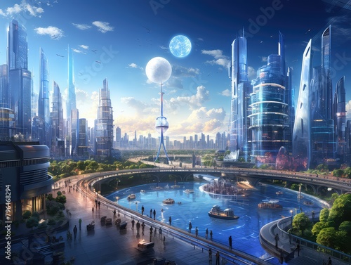 A beautiful painting of a futuristic city with a blue sky and a river running through it.