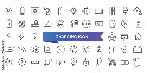 Charging icon collection. Related to charge, battery, energy, electricity, charger, recharge, electric car and charging station icons. Line icon set.