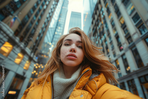 A young woman in modern attire, taking a selfie in a cityscape © Venka