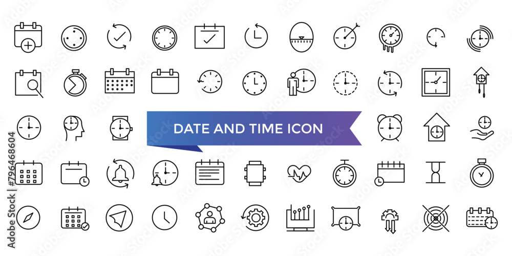 © Rubbble - Date and Time icon collection. Watch, Timer, Date, Current time and Calendar vector linear icon set. Timer, alarm, schedule, hourglass, clock icons.
