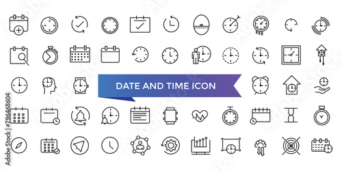 Date and Time icon collection. Watch, Timer, Date, Current time and Calendar vector linear icon set. Timer, alarm, schedule, hourglass, clock icons.