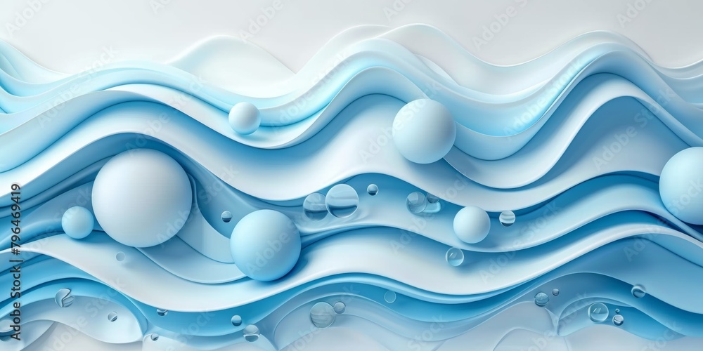 The image is a blue wave with many small blue spheres scattered throughout it The image is a blue wave with many small blue spheres scattered throughout it