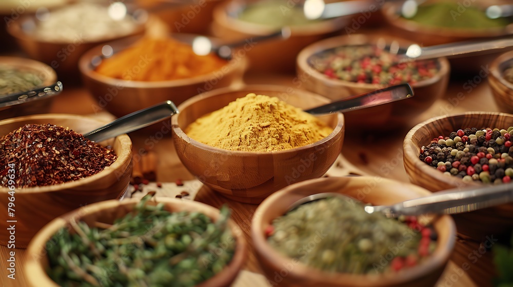 Spices and herbs in metal bowls and wooden spoons, Food and cuisine ingredients