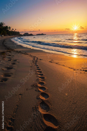     Summer Vacation background - Footprints on a tropical beach at sunset time     A breathtaking and photorealistic image capturing the essence of summer vacation  featuring footprints on a tropical 