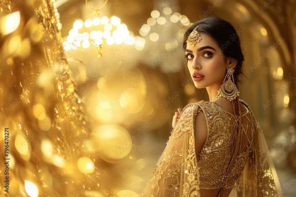 Beautiful woman in golden dress in gold room