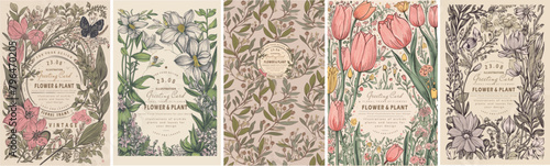 Vintage floral greeting cards. Vector illustration of flowers, orchid, tulip, frame, wild flowers, plants and leaves on vintage paper for background, pattern or poster.	
