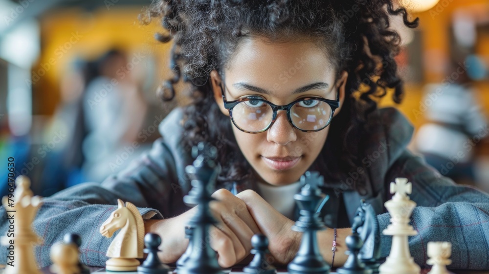 focused young woman, adorned with glasses, intensely studies the chessboard in front of her, strategizing her next move in a game focused young woman, adorned with glasses, intensely studies the chessboard in front of her, strategizing her next move in a game