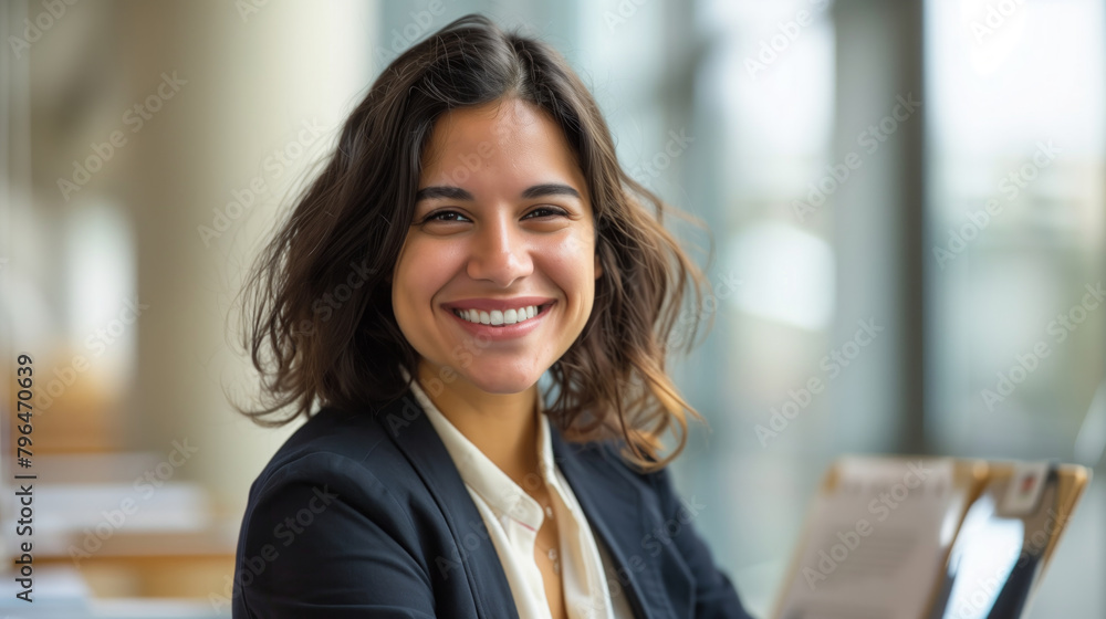A woman is smiling and holding a piece of paper. . Focused HR Executive Analyzing Reports with a Smile. Concept HR Executive, Data Analysis, Professional Portraits, Corporate Environment A woman is smiling and holding a piece of paper. . Focused HR Executive Analyzing Reports with a Smile. Concept HR Executive, Data Analysis, Professional Portraits, Corporate Environment