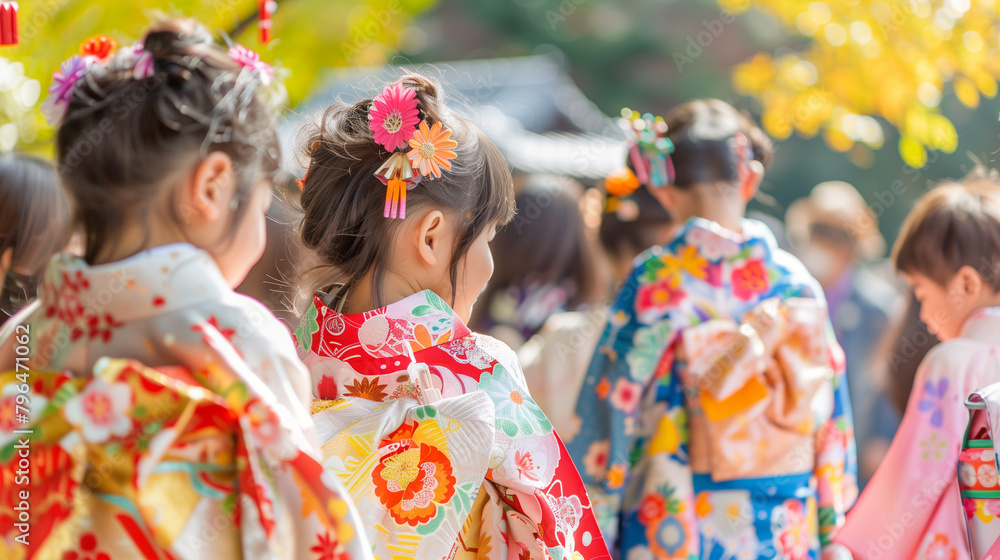 Shichi-Go-San celebration, where children aged 3, 5, and 7 wear their traditional kimono, along with their parents, Ai generated Images