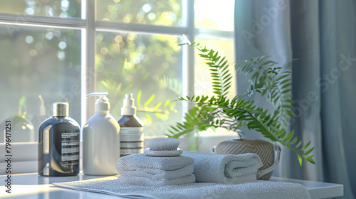 Soft clean towels and cosmetics on table near window -