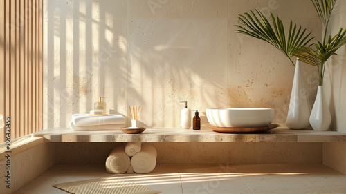 Bathroom interior with white bathtub  towels and cosmetics on a wooden shelf.