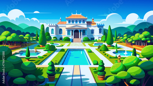 A palace with water .Grandeur and beauty: an architectural masterpiece and a luxurious garden.Fabulous landscape: the royal palace. Digital illustration of the royal palace and the beautiful garden.