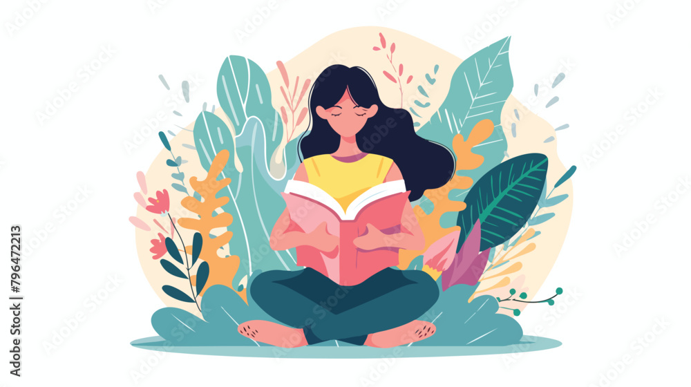 Literacy day concept. Woman reading book while sitting