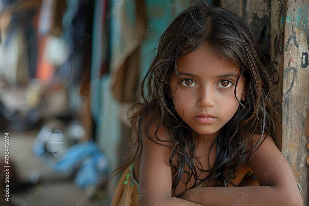 Naklejka premium A girl from India, the concept of poverty