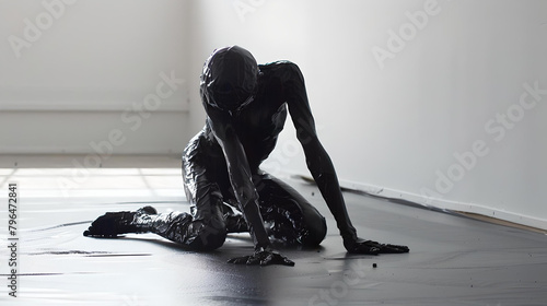 An abstract figure is kneeling and partially covered in a glossy black substance, creating a stark and dramatic effect. 