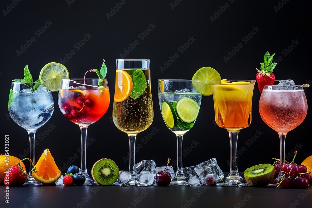 Set and collection of classic alcohol cocktails or mocktails isolated on black background with fresh summer fruits Set and collection of classic alcohol cocktails or mocktails isolated on black background with fresh summer fruits