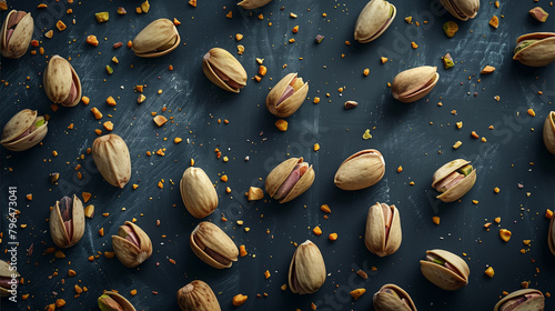 Scattered Pistachio Nuts on Black Surface