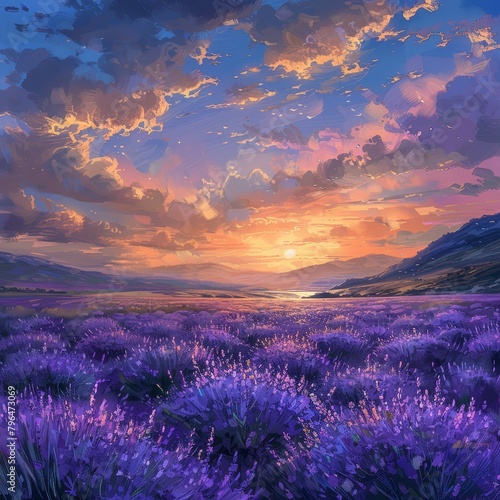 fantasy landscape with a lavender field and a beautiful sunset
