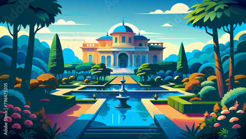 A palace with water .Grandeur and beauty: an architectural masterpiece and a luxurious garden.Fabulous landscape: the royal palace. Digital illustration of the royal palace and the beautiful garden.