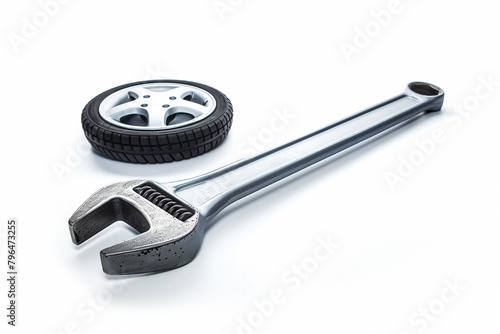 Wrench and Tire on White Background
