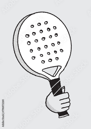 Cheerful illustration of a hand holding a paddle tennis racket."
