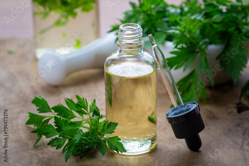 Parsley essential oil in a glass bottle on old wooden table. Petroselinum crispum extract. Healthy food,herbal medicine or naturopathy concept. photo