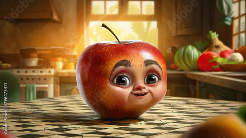 An abstract drawing of a cheerful apple sitting on the kitchen counter