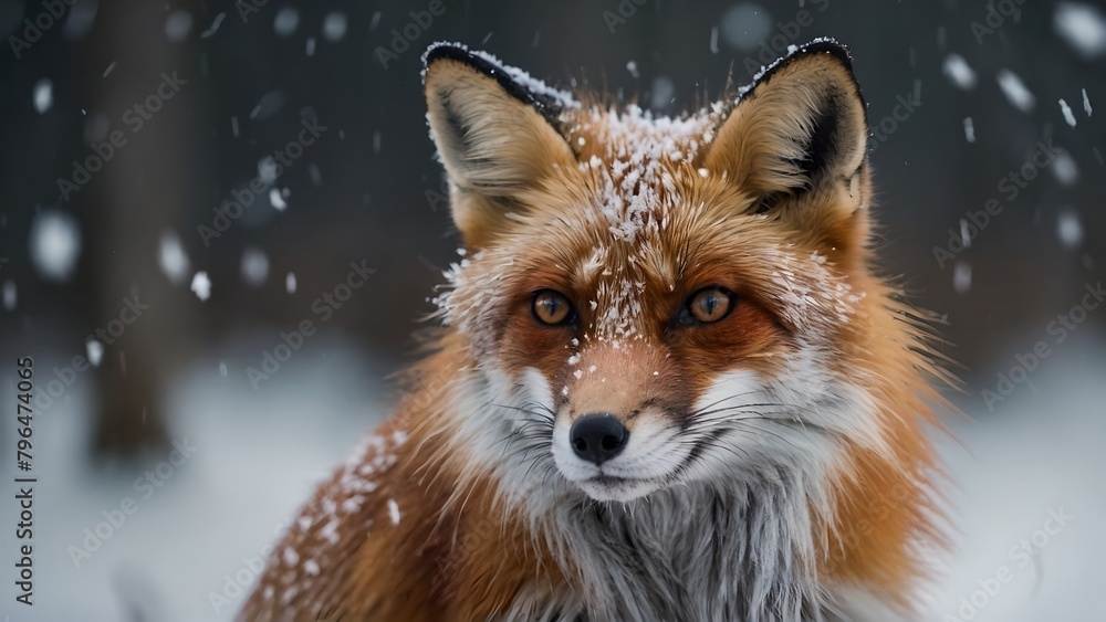 Fototapeta premium A majestic red fox, its fur glistening with snowflakes as it stares directly into the camera, its piercing eyes reflecting the falling snow.